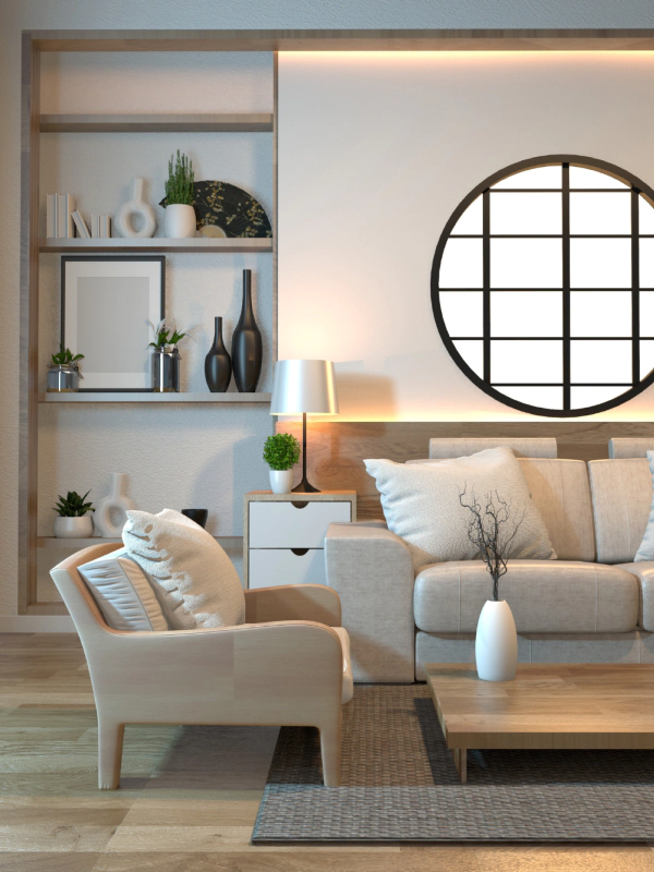 living room with circular mirror on wall above couch and neutral furniture